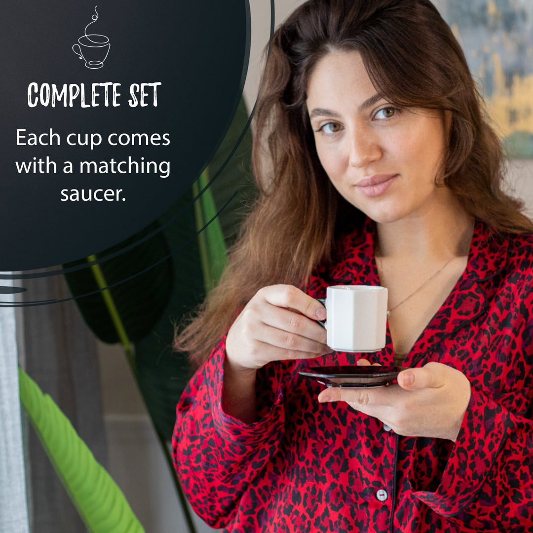Bacimi Mini Ceramic Espresso Cups with Saucer - Set of 4 / 2.7oz / 80ML- Small Drinking Cups with Handle - Dishwasher & Microwave Safe - Modern Italian Inspired Mugs for Coffee