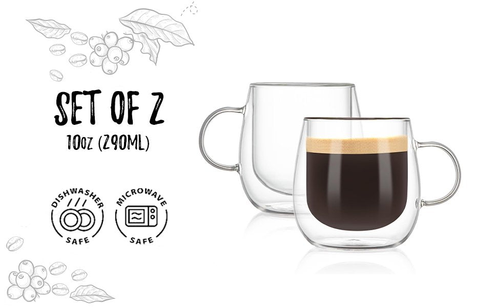 Bacimi Double Wall Insulated Coffee Mugs (Set of 2 / 10oz) - Clear Borosilicate Mug with Handle - Thermal Drinking Cups for Espresso, Cappuccino, Latte, Tea, Hot Beverage, Wine - Microwave Safe