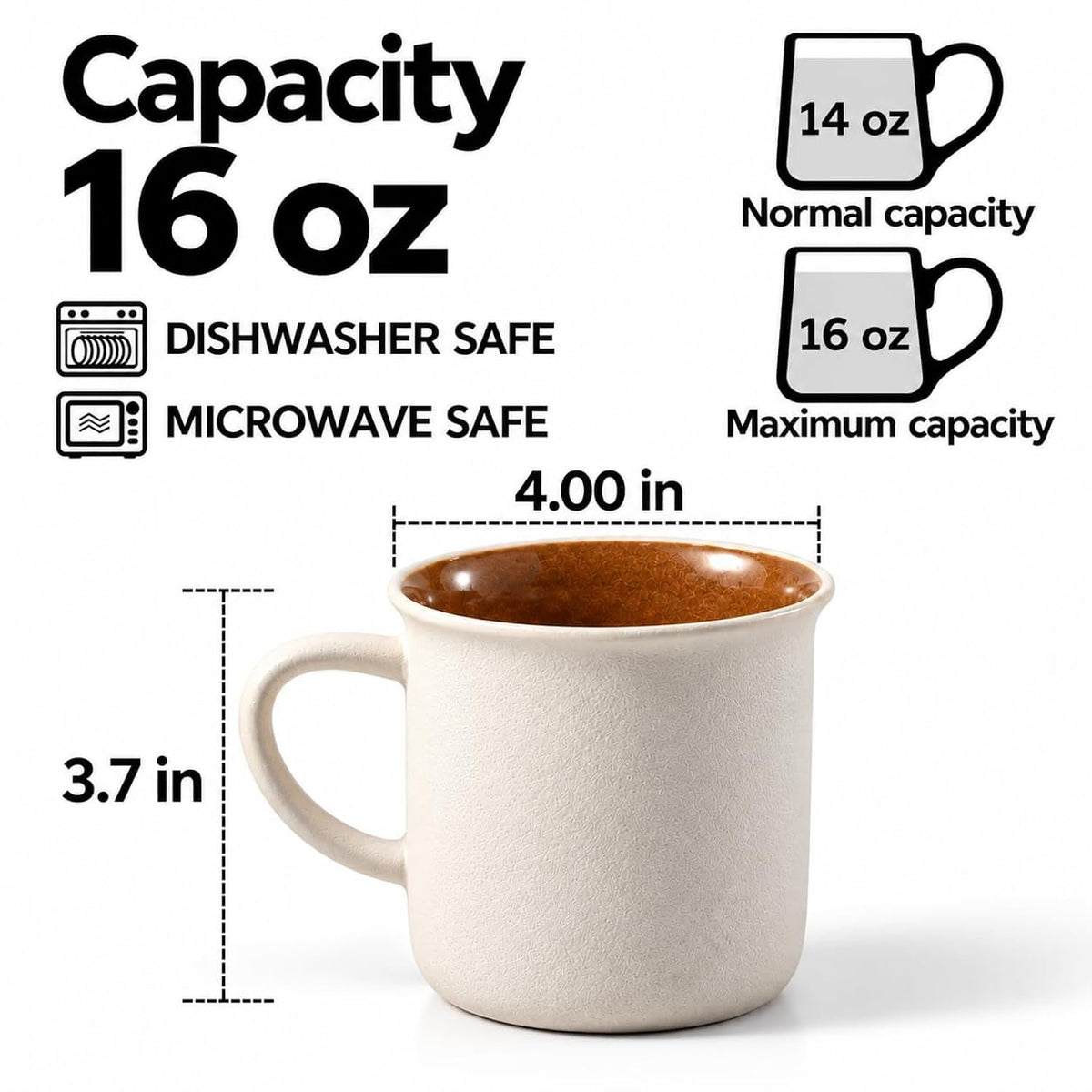 Bacimi® - Coffee Mugs Set of 4 - Sandstone Texture Mugs 16oz - Ceramic Coffee Cups with Handle - Large Coffee Mug for Cappuccino, Latte & Hot Beverages
