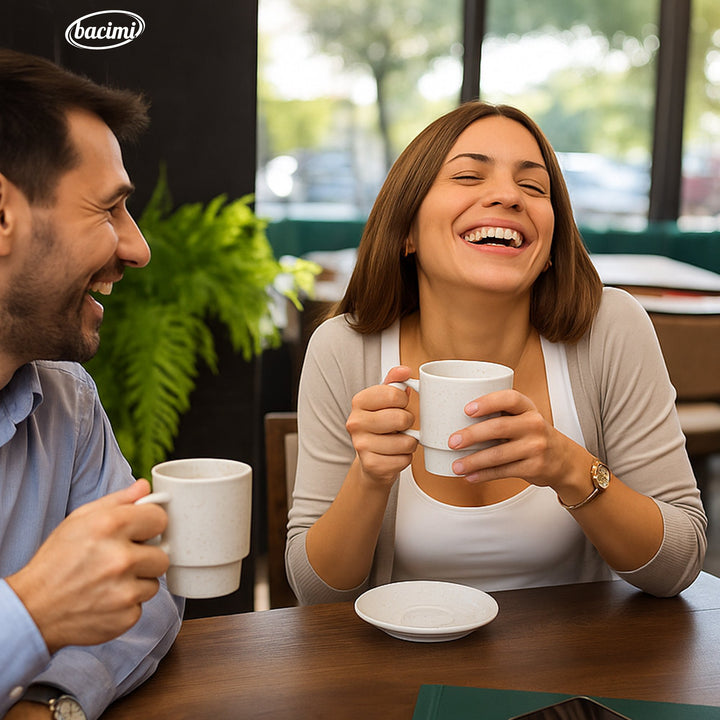 Bacimi Set of 4 Handmade Stackable Coffee Cup Mug Tower Set With Stylish Metal Wire Rack For Cappuccino, Latte, Tea, Cocoa, Hot Beverage 13.5oz, 400ml