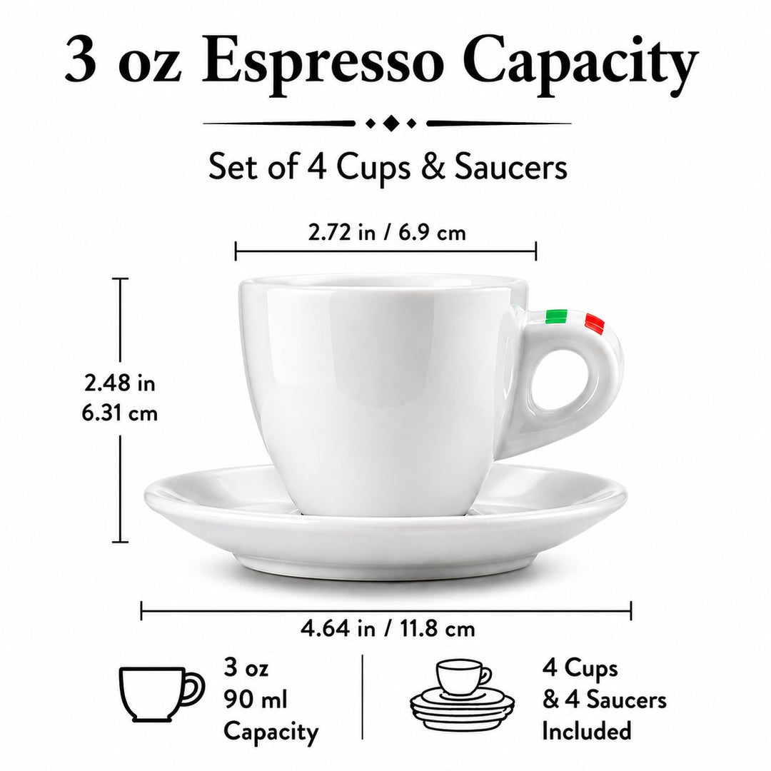 Bacimi® Espresso Cups and Saucers Set of 4 – 3 oz Thick Porcelain Coffee Cups -  Barista Style Cup Set - Classic Italian Espresso Design - Ceramic Cups for Espresso, Macchiato, Doppio – Dishwasher & Microwave Safe