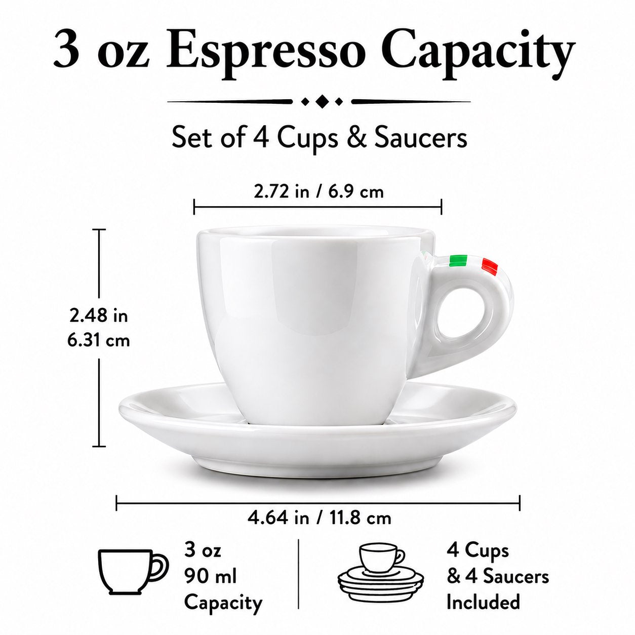 Bacimi® Espresso Cups & Saucers Set of 4 -  3 oz