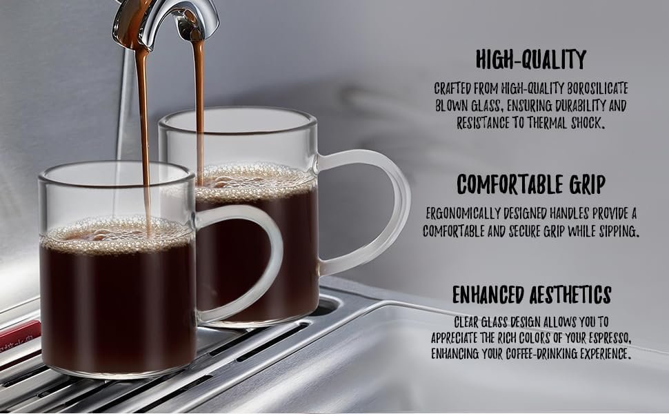 Bacimi Borosilicate Mini Glass Espresso cups 3oz / 90ML, White Handle Set of 2