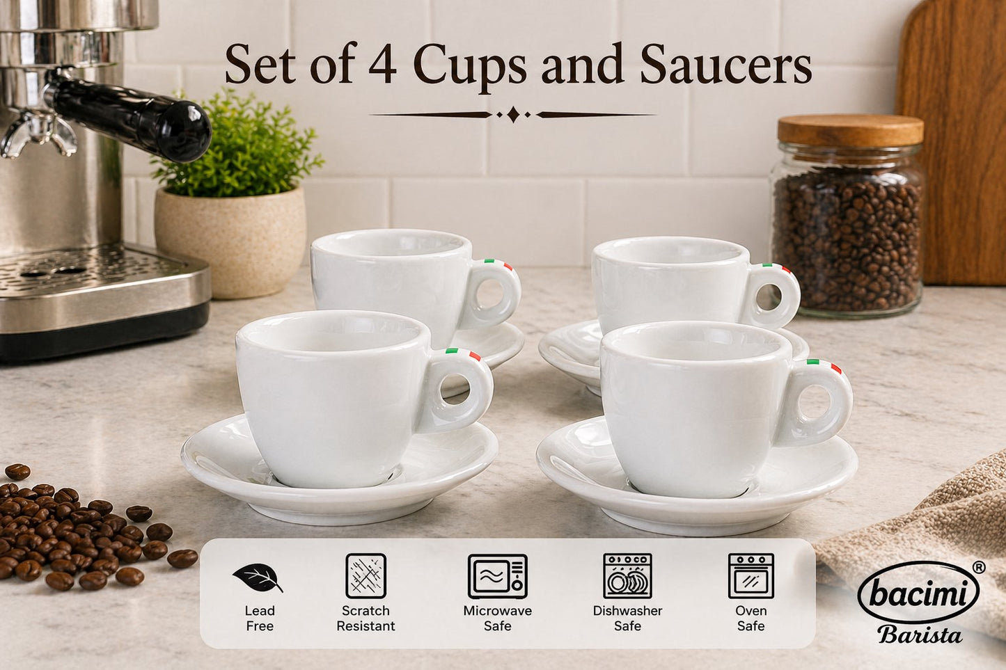 Bacimi® Espresso Cups & Saucers Set of 4 -  3 oz
