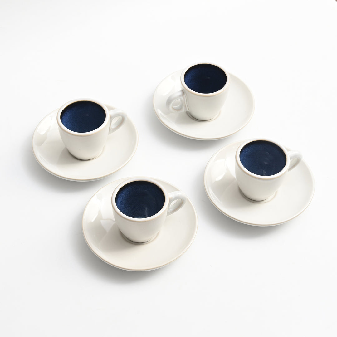 Bacimi® Thick Espresso Cups and Saucers Set of 4 – 80ml / 2.7oz Small Stoneware Cups with Blue Reacive Glaze - for Espresso, Macchiato – Dishwasher & Microwave Safe