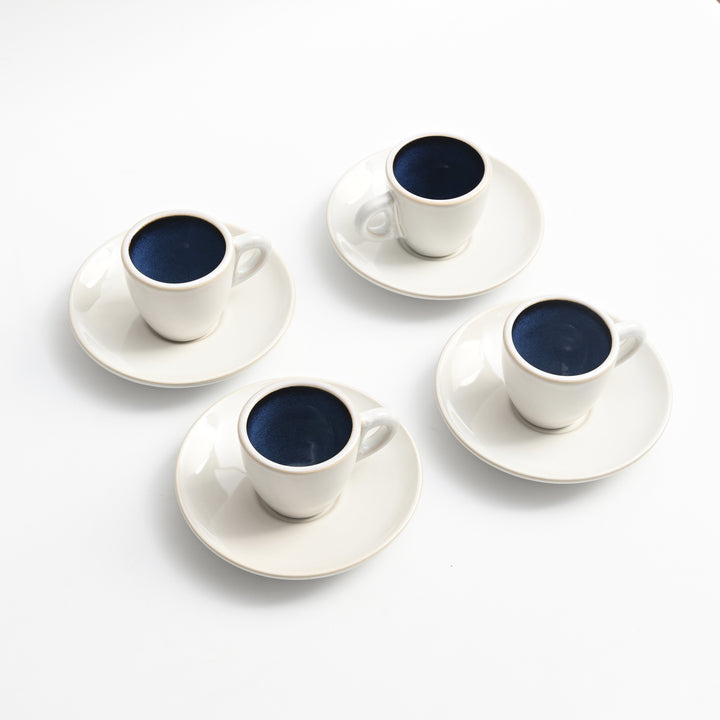 Bacimi® Thick Espresso Cups and Saucers Set of 4 – 80ml / 2.7oz Small Stoneware Cups with Blue Reacive Glaze - for Espresso, Macchiato – Dishwasher & Microwave Safe