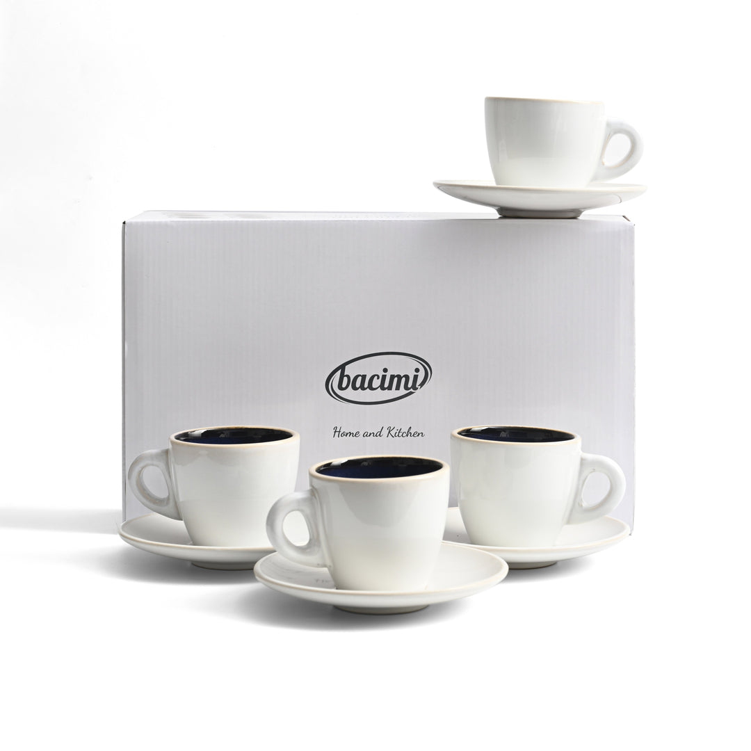 Bacimi® Thick Cappuccino Cups and Saucers Set of 4 – 260ml / 8.7oz Stoneware Cups with Blue Reacive Glaze - for Cappuccino, Macchiato – Dishwasher & Microwave Safe