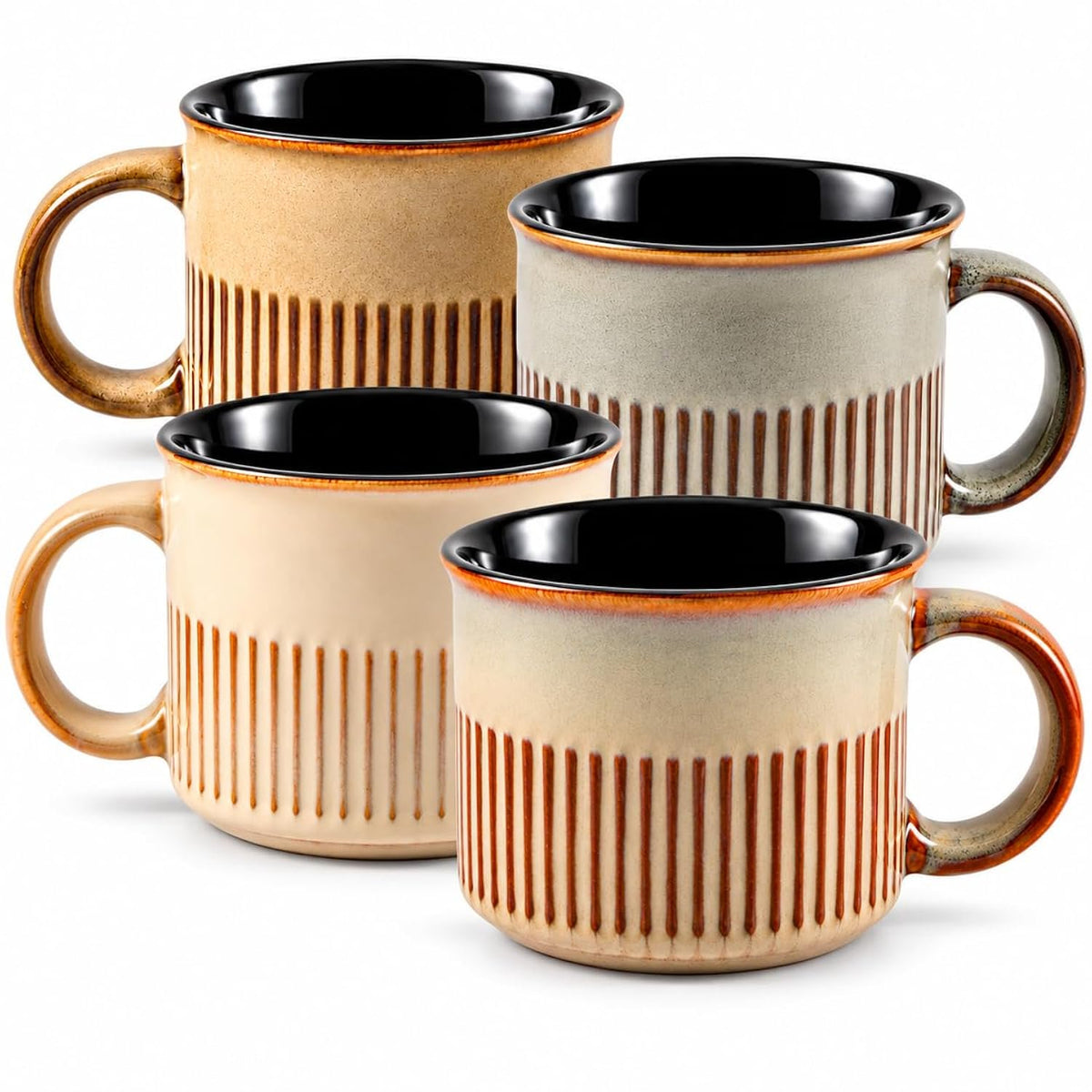 BACIMI Ceramic Coffee & Soup Mugs With Handles, Set of 4, Large 18 oz Rustic Stoneware-Style Cups Ribbed Textured Design, Microwave & Dishwasher Safe, Assorted Earth Tone Colors