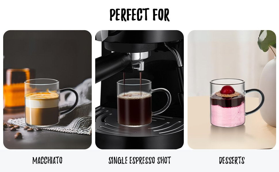 Bacimi Borosilicate Mini Glass Espresso cups 3oz / 90ML, Smoke Handle Set of 2