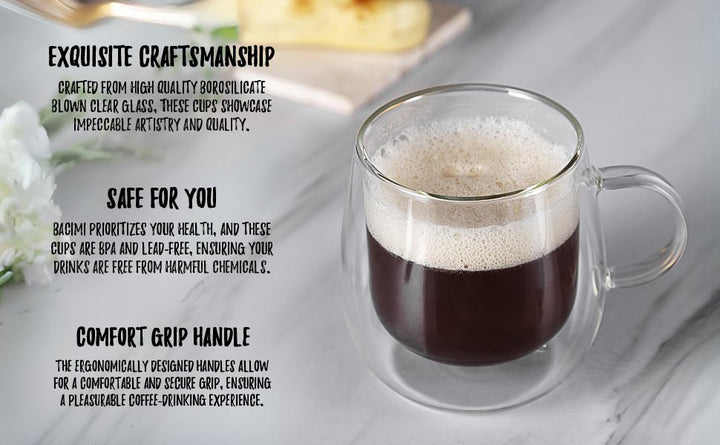 Bacimi Double Wall Insulated Coffee Mugs (Set of 2 / 10oz) - Clear Borosilicate Mug with Handle - Thermal Drinking Cups for Espresso, Cappuccino, Latte, Tea, Hot Beverage, Wine - Microwave Safe