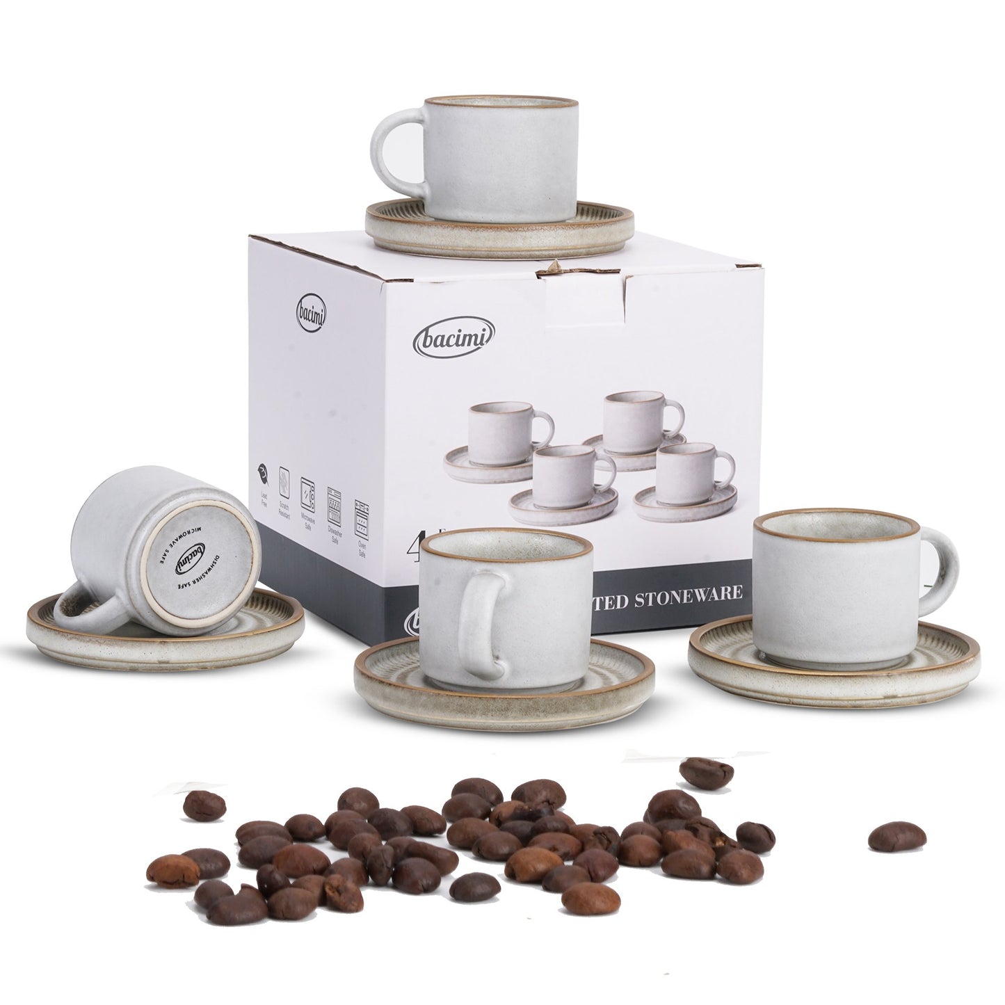 Bacimi® Stoneware Espresso Cups and Saucers Set of 4 - 3 oz