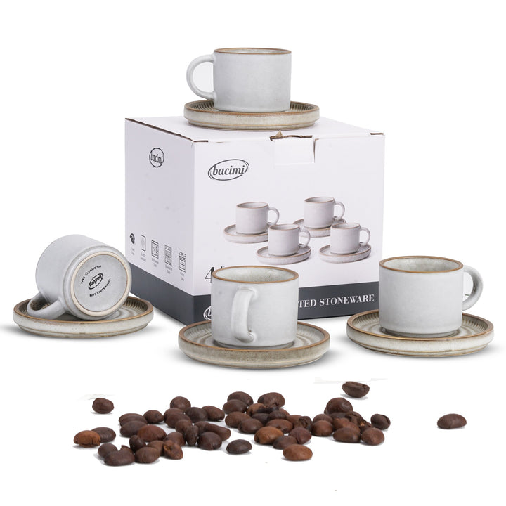 Bacimi Set Of 4 Mini Espresso Cups With Saucers, Handcrafted Reactive Glaze Stoneware For Coffee, Cocoa 90ml / 3oz