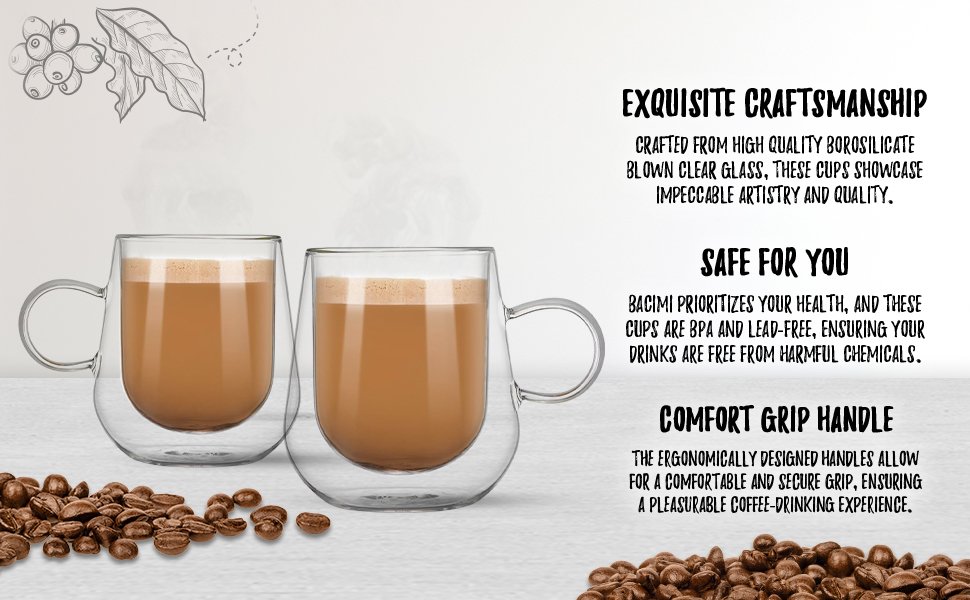 Bacimi Double Wall Insulated Coffee Mugs (Set of 2 / 12oz) - Clear Borosilicate Mug with Handle - Thermal Drinking Cups for Espresso, Cappuccino, Latte, Tea, Hot Beverage, Wine - Microwave Safe