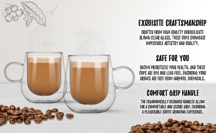 Bacimi Double Wall Insulated Coffee Mugs (Set of 2 / 12oz) - Clear Borosilicate Mug with Handle - Thermal Drinking Cups for Espresso, Cappuccino, Latte, Tea, Hot Beverage, Wine - Microwave Safe