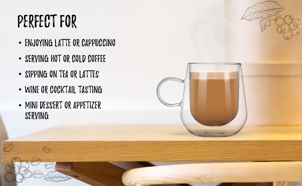 Bacimi Double Wall Insulated Coffee Mugs (Set of 2 / 12oz) - Clear Borosilicate Mug with Handle - Thermal Drinking Cups for Espresso, Cappuccino, Latte, Tea, Hot Beverage, Wine - Microwave Safe