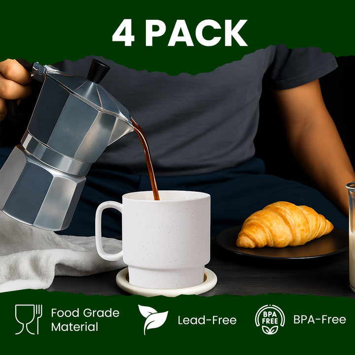 Bacimi Set of 4 Handmade Stackable Coffee Cup Mug Tower Set With Stylish Metal Wire Rack For Cappuccino, Latte, Tea, Cocoa, Hot Beverage 13.5oz, 400ml