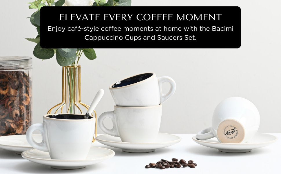 Bacimi® Stoneware Cappuccino Cups & Saucers Set of 4 -  8.7 oz