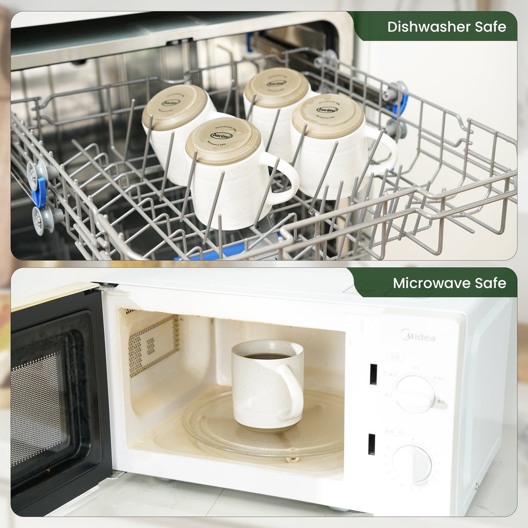 Bacimi Set Of 4 Artisanal Stoneware Mugs Ceramic Large Cups With Handle For Coffee, Cappuccino, Latte, Tea, Hot Beverage 13.5oz 400ml