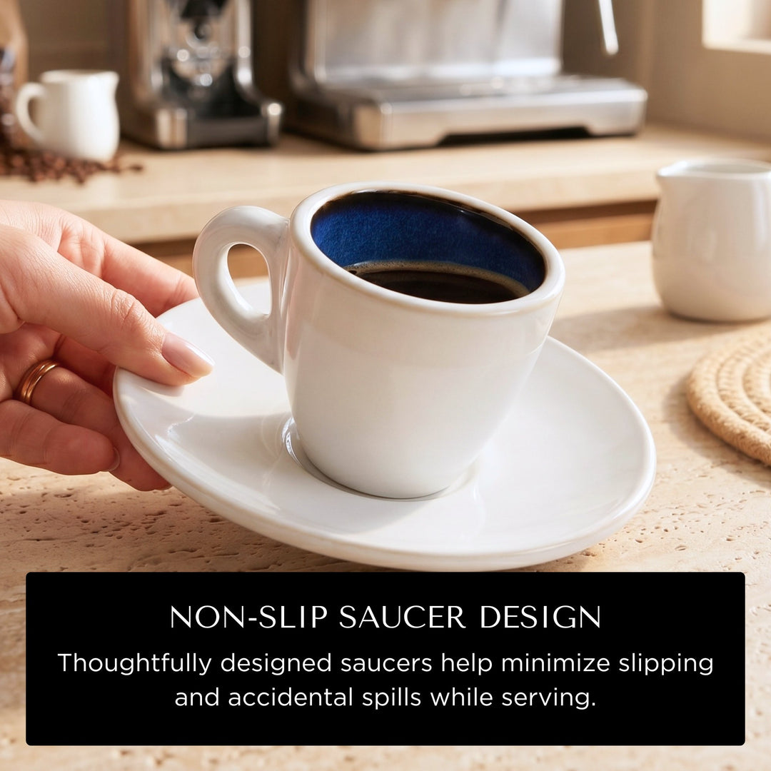 Bacimi® Thick Espresso Cups and Saucers Set of 4 – 80ml / 2.7oz Small Stoneware Cups with Blue Reacive Glaze - for Espresso, Macchiato – Dishwasher & Microwave Safe