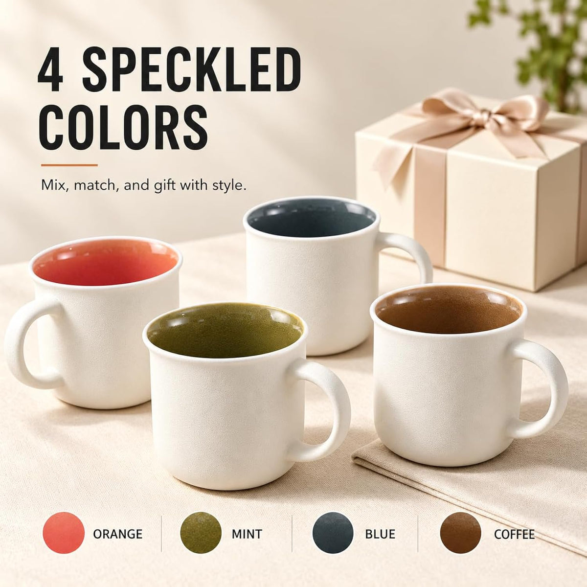 Bacimi® - Coffee Mugs Set of 4 - Sandstone Texture Mugs 16oz - Ceramic Coffee Cups with Handle - Large Coffee Mug for Cappuccino, Latte & Hot Beverages