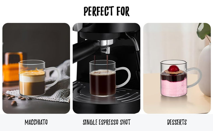 Bacimi Clear Demitasse Mini Espresso Cups with White Handles - Set of 4 / 3oz / 90 ML