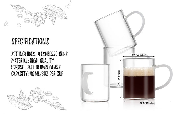 Bacimi Clear Demitasse Mini Espresso Cups with White Handles - Set of 4 / 3oz / 90 ML