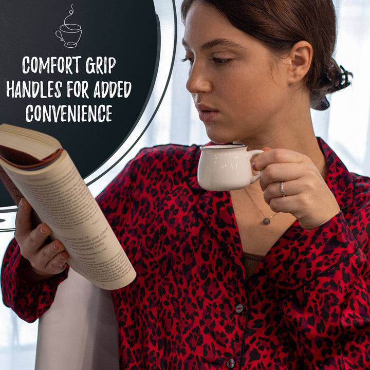 Bacimi Ceramic Espresso Mini Mugs W/Handles 3.04oz 6 Pack White W/Black Rim