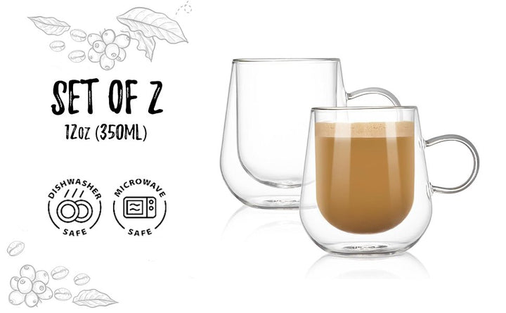 Bacimi Double Wall Insulated Coffee Mugs (Set of 2 / 12oz) - Clear Borosilicate Mug with Handle - Thermal Drinking Cups for Espresso, Cappuccino, Latte, Tea, Hot Beverage, Wine - Microwave Safe