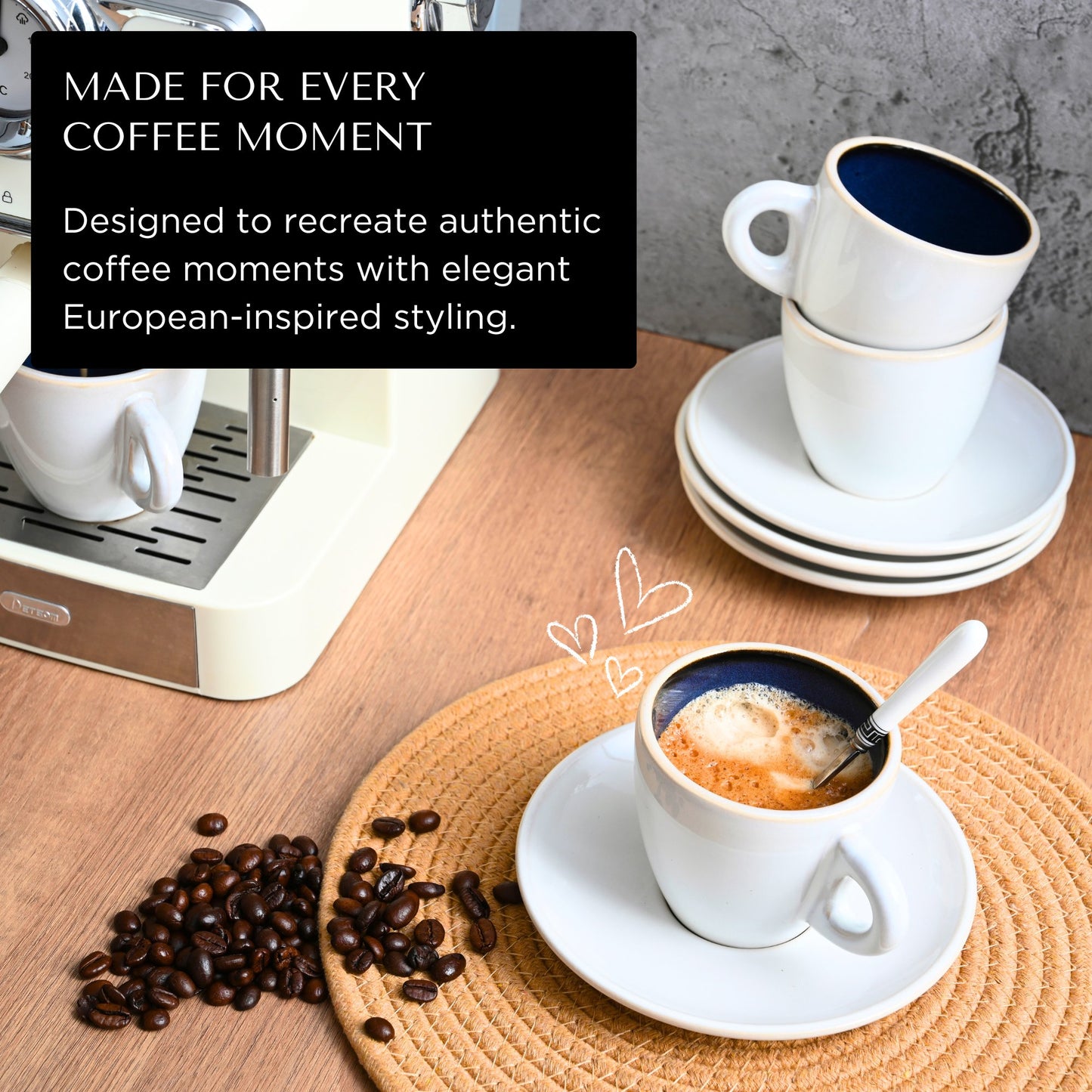 Bacimi® Stoneware Cappuccino Cups & Saucers Set of 4 -  8.7 oz