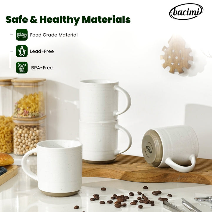 Bacimi Set Of 4 Artisanal Stoneware Mugs Ceramic Large Cups With Handle For Coffee, Cappuccino, Latte, Tea, Hot Beverage 13.5oz 400ml