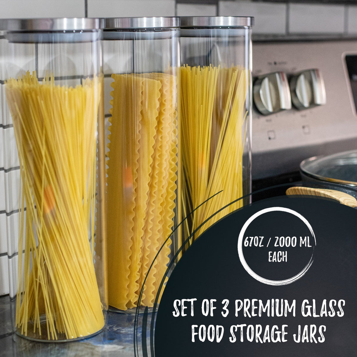 3-Pack Bacimi Borosilicate Glass Food Storage Jars W/Stainless Steel Lids 67oz