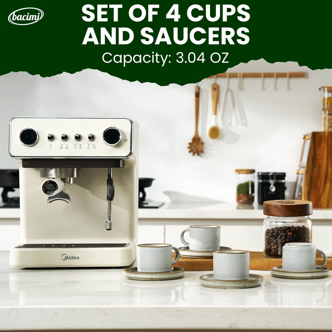 Bacimi Set Of 4 Mini Espresso Cups With Saucers, Handcrafted Reactive Glaze Stoneware For Coffee, Cocoa 90ml / 3oz