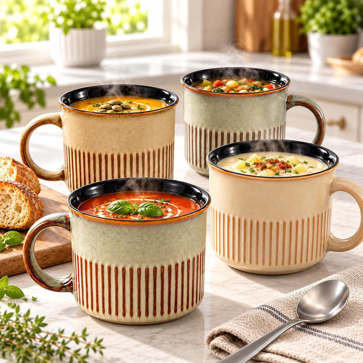 BACIMI Ceramic Coffee & Soup Mugs With Handles, Set of 4, Large 18 oz Rustic Stoneware-Style Cups Ribbed Textured Design, Microwave & Dishwasher Safe, Assorted Earth Tone Colors
