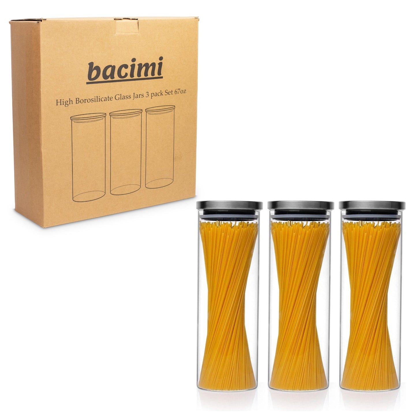 3-Pack Bacimi Borosilicate Glass Food Storage Jars W/Stainless Steel Lids 67oz