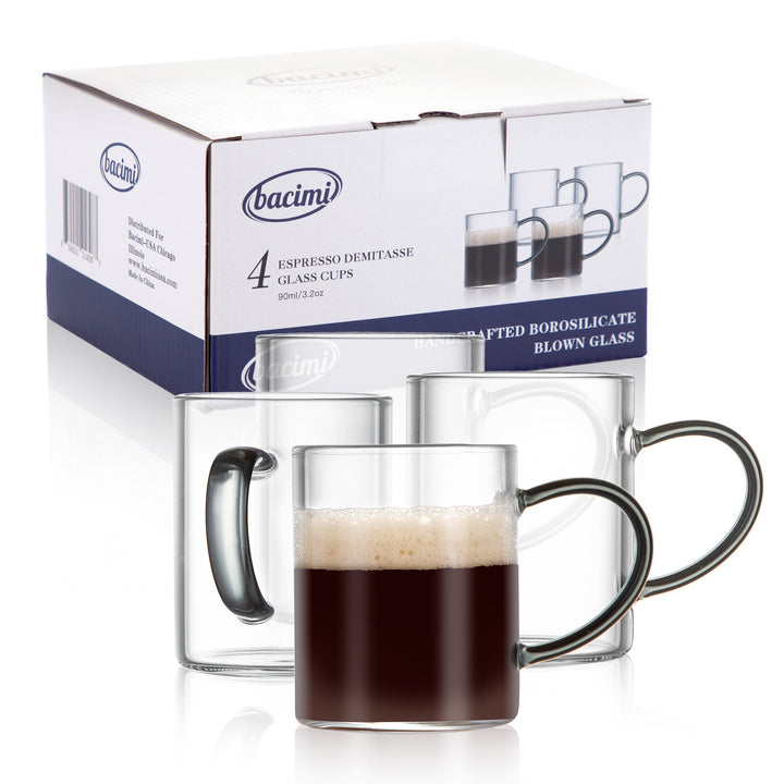Bacimi Clear Demitasse Mini Espresso Cups with Smoke Handles - Set of 4 / 3oz / 90ml