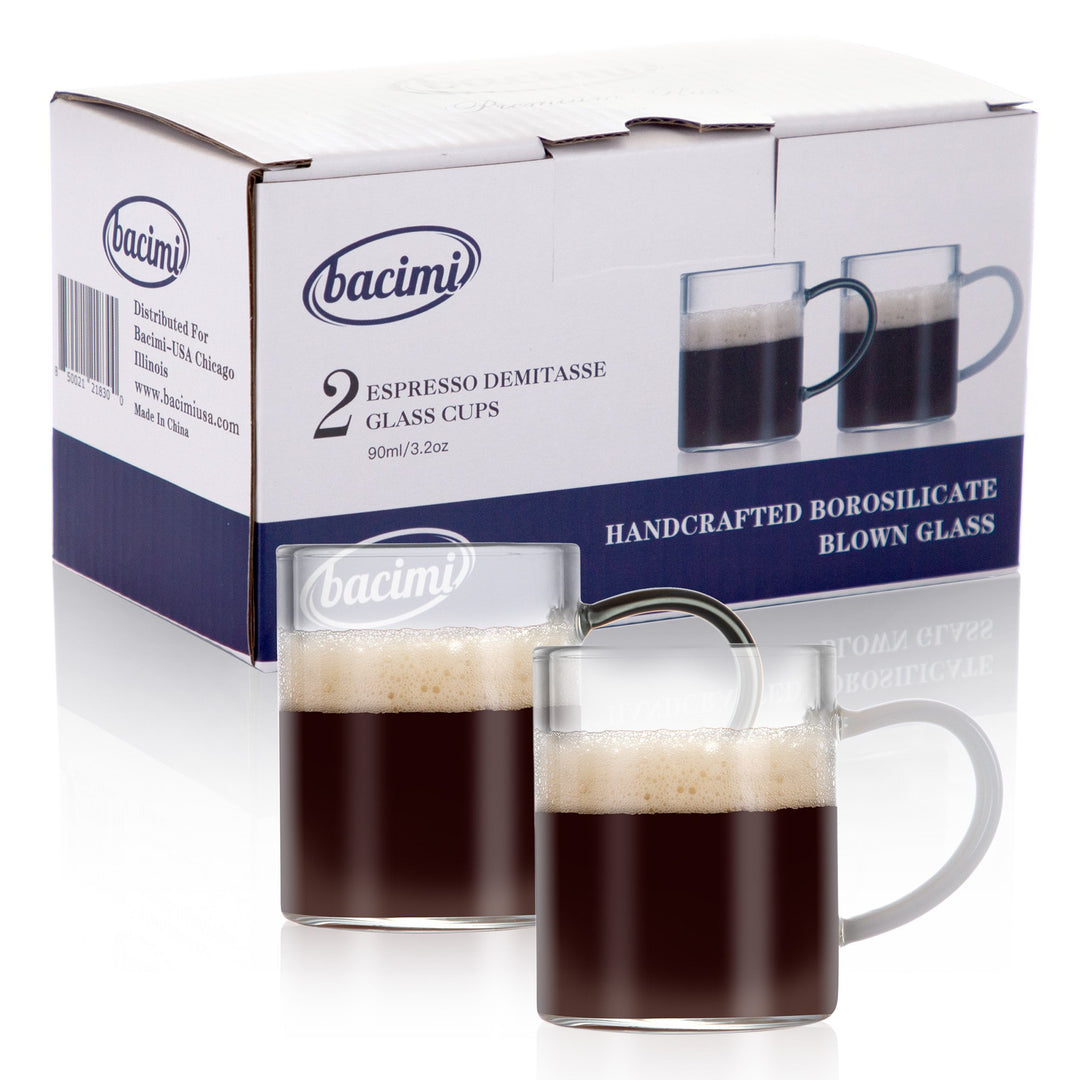 Bacimi Clear Demitasse Mini Espresso Cups with White/Smoke Handles - Set of 2 / 3oz / 90ml
