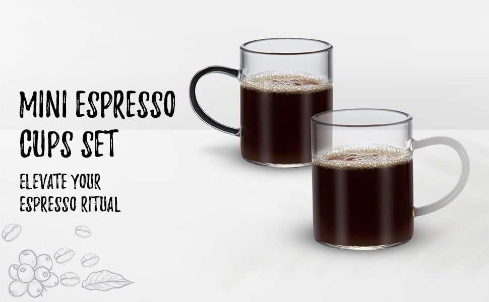 Bacimi Clear Demitasse Mini Espresso Cups with White/Smoke Handles - Set of 2 / 3oz / 90ml