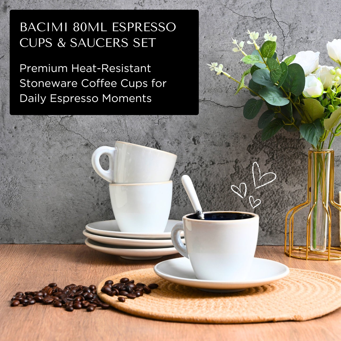 Bacimi® Espresso Cups and Saucers Set of 4 -  2.7oz