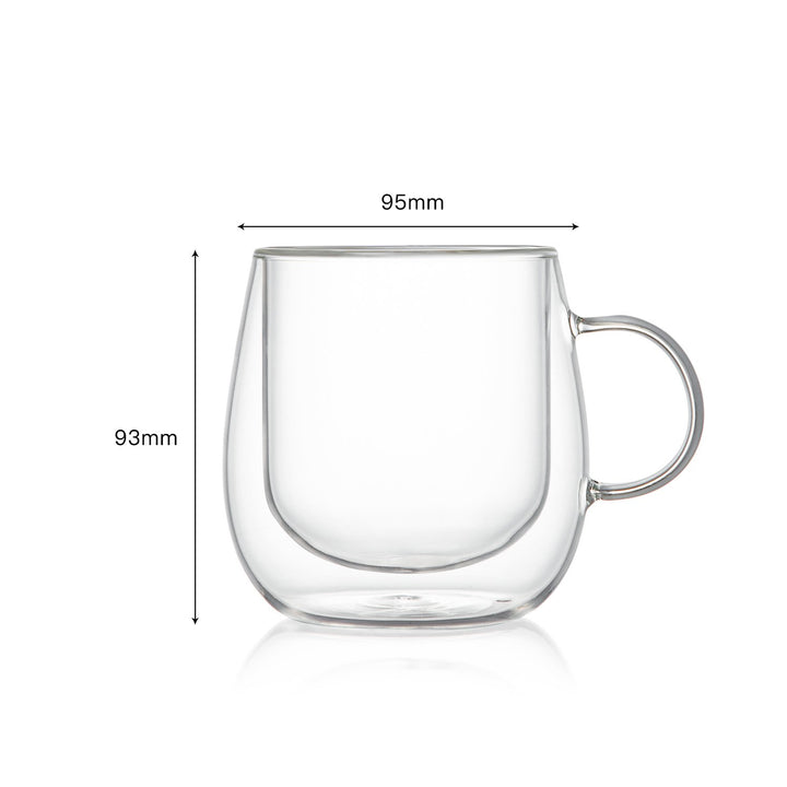 Bacimi Double Wall Insulated Coffee Mugs (Set of 2 / 10oz) - Clear Borosilicate Mug with Handle - Thermal Drinking Cups for Espresso, Cappuccino, Latte, Tea, Hot Beverage, Wine - Microwave Safe