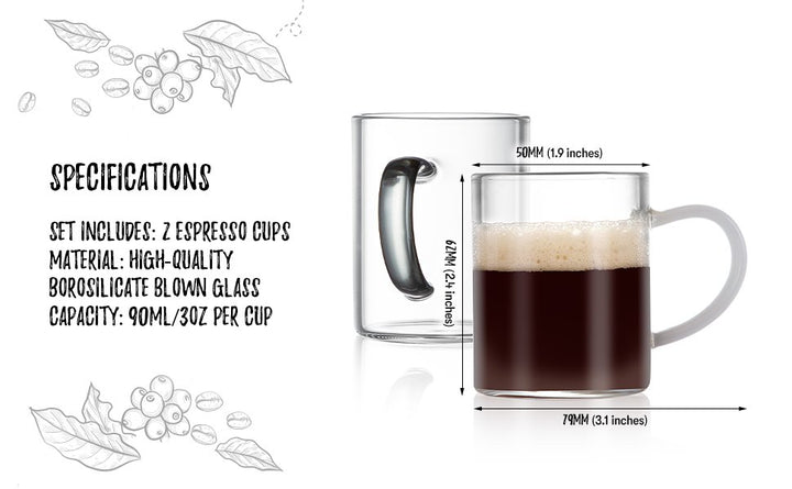Bacimi Clear Demitasse Mini Espresso Cups with White/Smoke Handles - Set of 2 / 3oz / 90ml