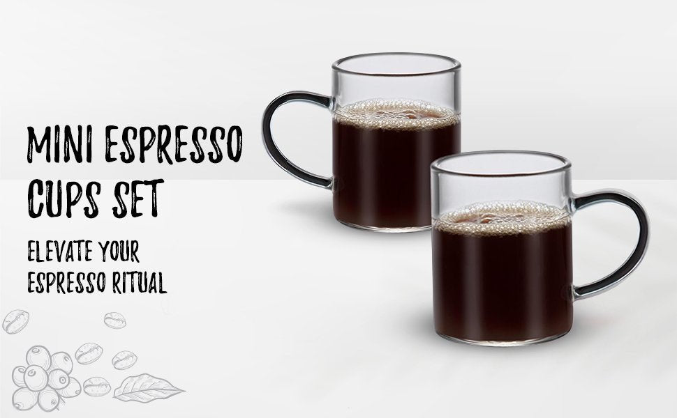 Bacimi Borosilicate Mini Glass Espresso cups 3oz / 90ML, Smoke Handle Set of 2
