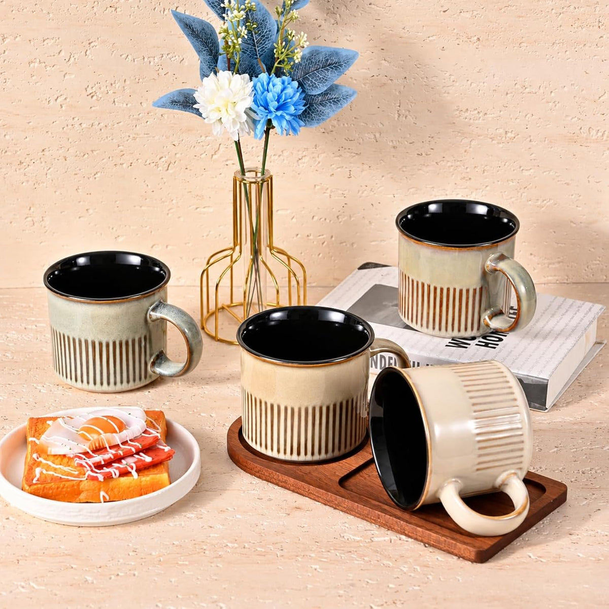 BACIMI Ceramic Coffee & Soup Mugs With Handles, Set of 4, Large 18 oz Rustic Stoneware-Style Cups Ribbed Textured Design, Microwave & Dishwasher Safe, Assorted Earth Tone Colors