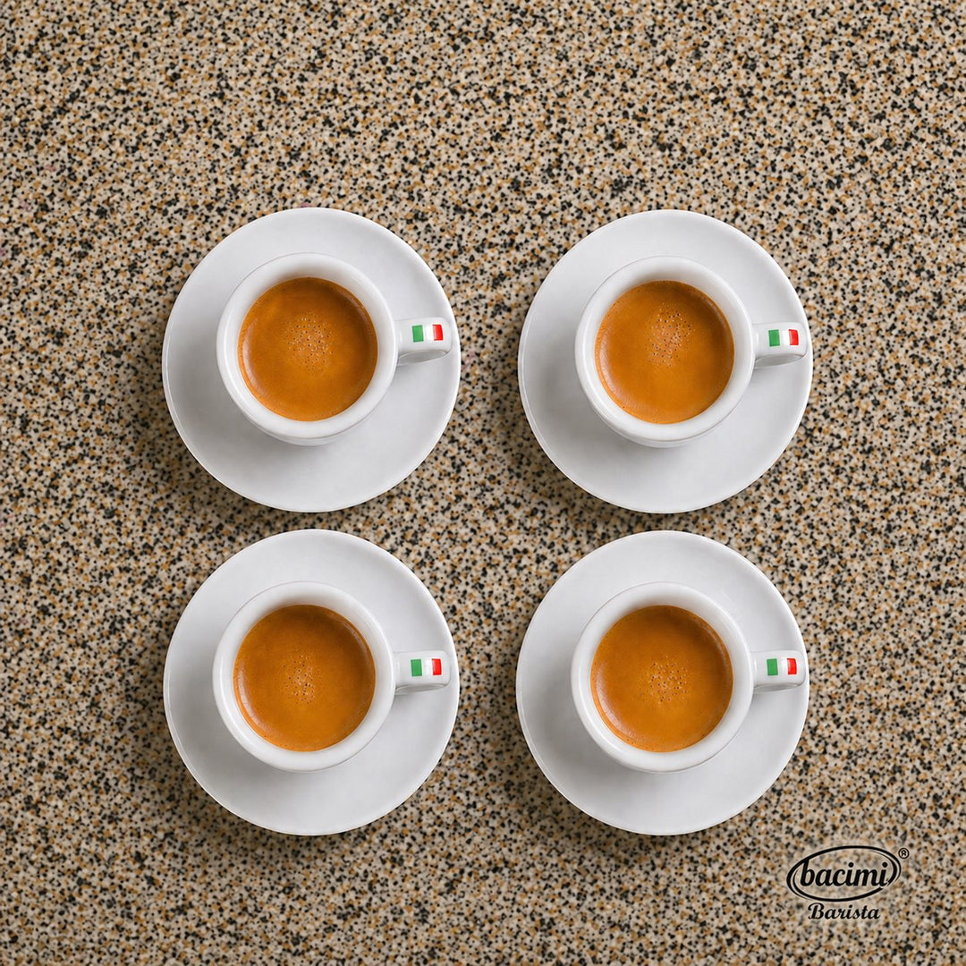 Bacimi® Espresso Cups and Saucers Set of 4 – 3 oz Thick Porcelain Coffee Cups -  Barista Style Cup Set - Classic Italian Espresso Design - Ceramic Cups for Espresso, Macchiato, Doppio – Dishwasher & Microwave Safe