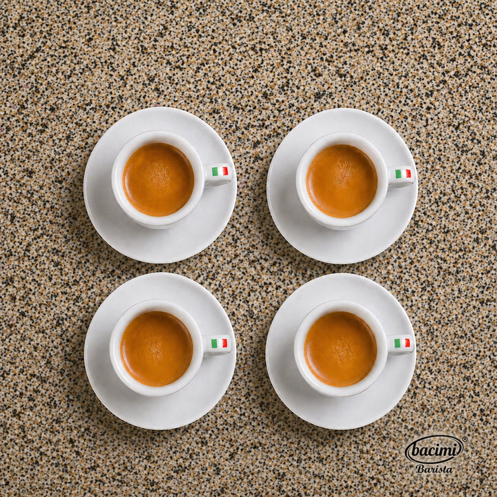 Bacimi® Espresso Cups and Saucers Set of 4 – 3 oz Thick Porcelain Coffee Cups -  Barista Style Cup Set - Classic Italian Espresso Design - Ceramic Cups for Espresso, Macchiato, Doppio – Dishwasher & Microwave Safe
