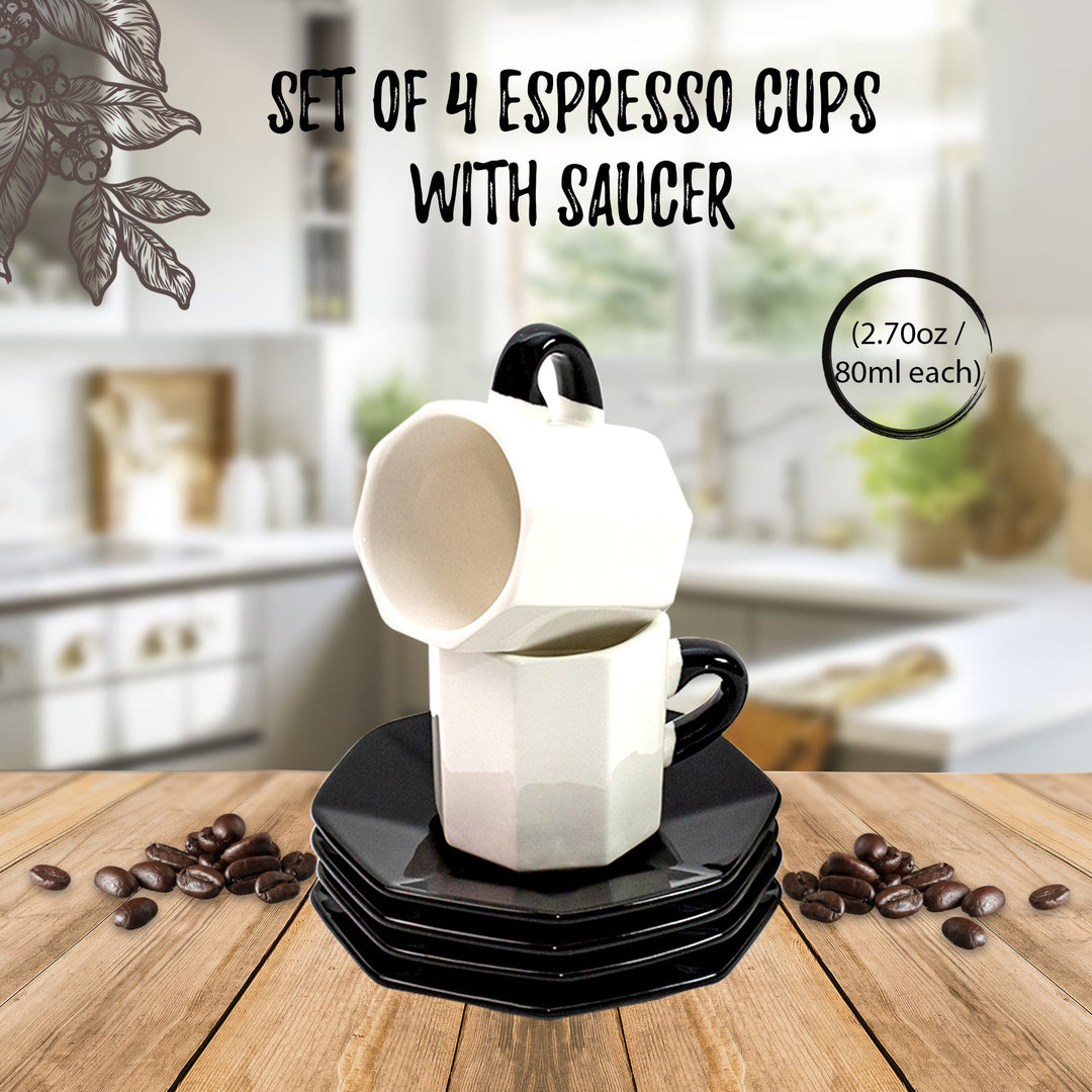 Bacimi Mini Ceramic Espresso Cups with Saucer - Set of 4 / 2.7oz / 80ML- Small Drinking Cups with Handle - Dishwasher & Microwave Safe - Modern Italian Inspired Mugs for Coffee