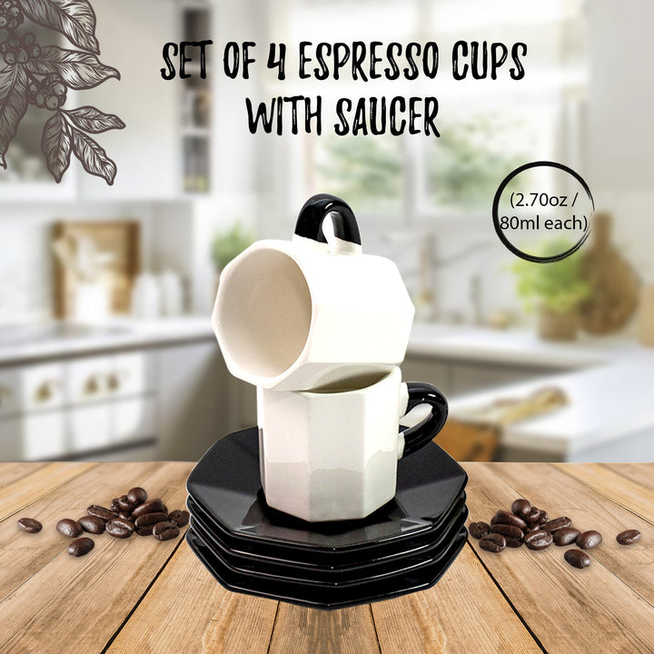 Bacimi Mini Ceramic Espresso Cups with Saucer - Set of 4 / 2.7oz / 80ML- Small Drinking Cups with Handle - Dishwasher & Microwave Safe - Modern Italian Inspired Mugs for Coffee