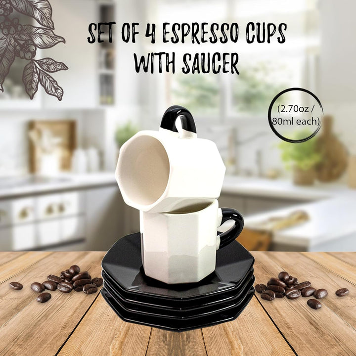 Bacimi Handcrafted Ceramic Octagon Espresso Cup W/ Saucers 2.70oz / 80ml 4 Pack