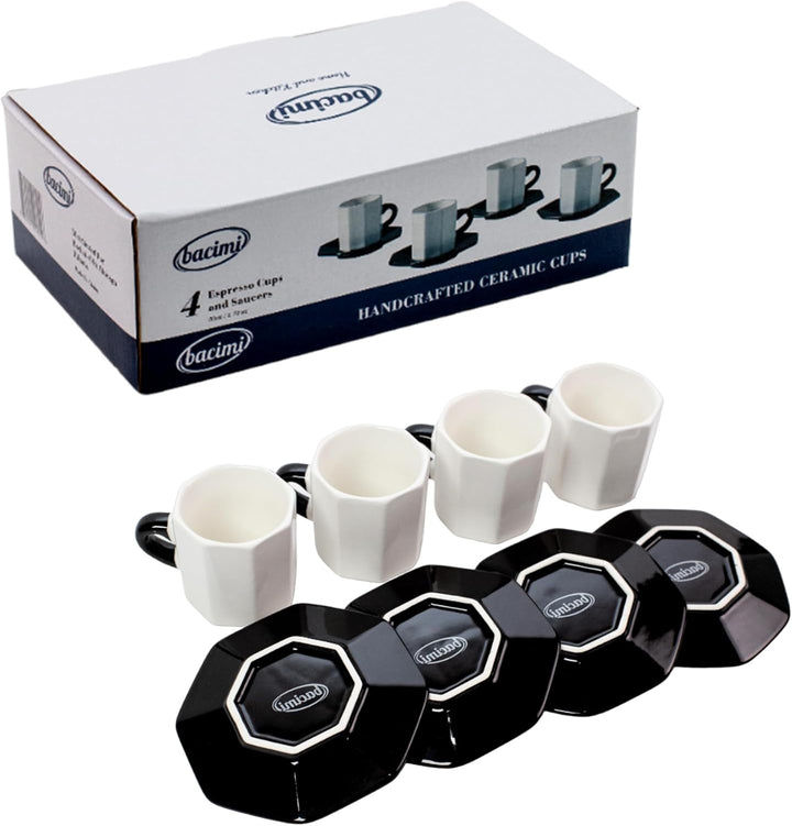 Bacimi Handcrafted Ceramic Octagon Espresso Cup W/ Saucers 2.70oz / 80ml 4 Pack