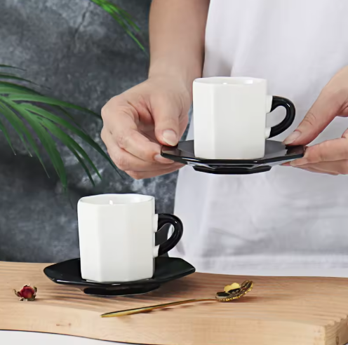 Bacimi Handcrafted Ceramic Octagon Espresso Cup W/ Saucers 2.70oz / 80ml 4 Pack