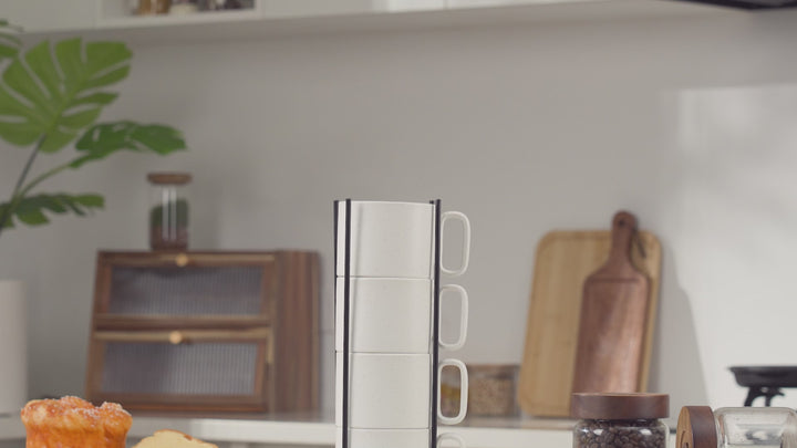 Bacimi Set of 4 Handmade Stackable Coffee Cup Mug Tower Set With Stylish Metal Wire Rack For Cappuccino, Latte, Tea, Cocoa, Hot Beverage 13.5oz, 400ml